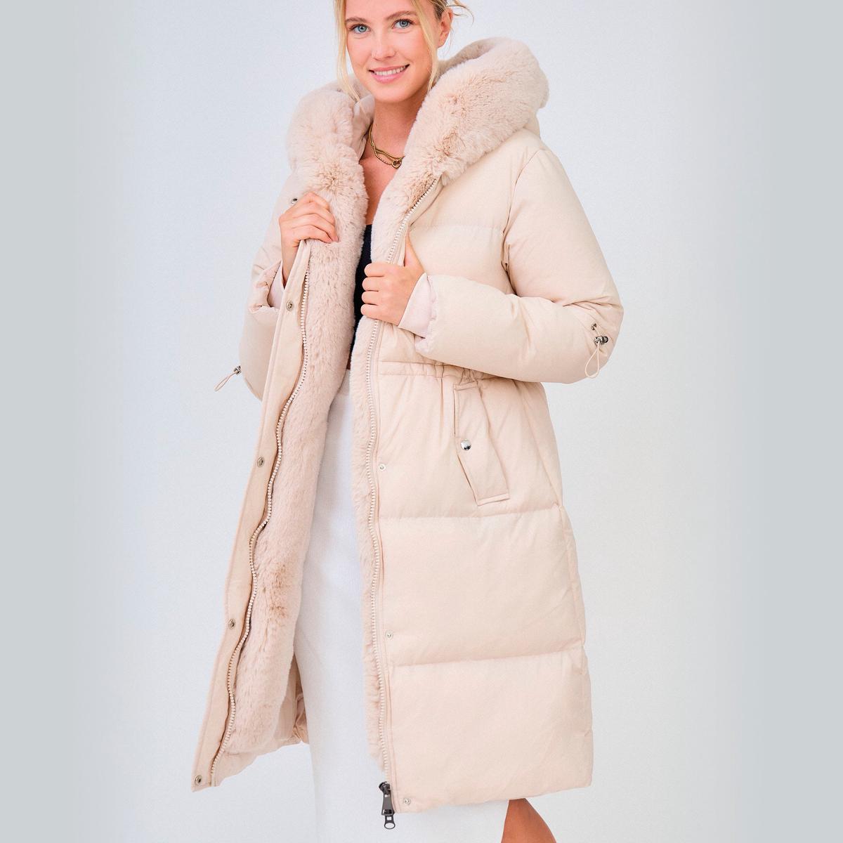 Heated long padded jacket with fake fur lining – Shani Taupe
