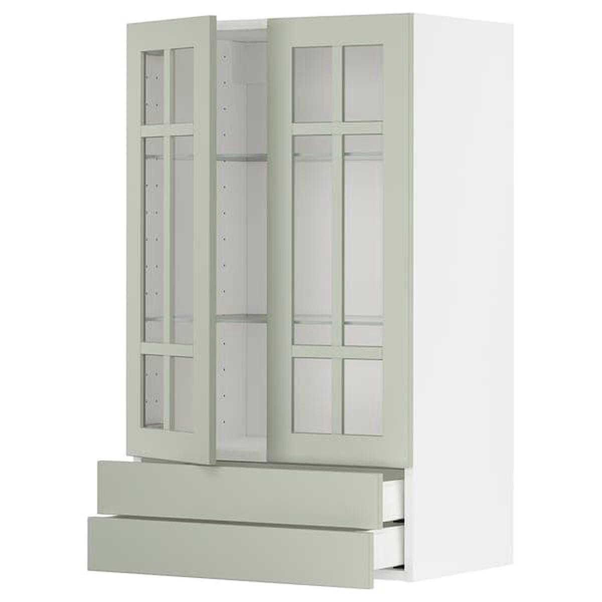 METOD / MAXIMERA wall cab w 2 glass doors/2 drawers, white/Stensund light green, 60×100 cm