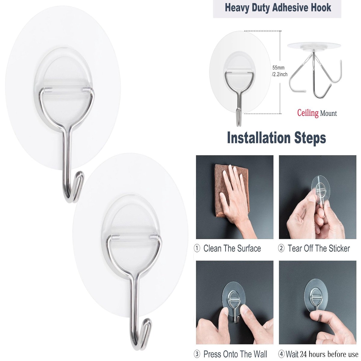 Strong Transparent Adhesive Round Hook X2
