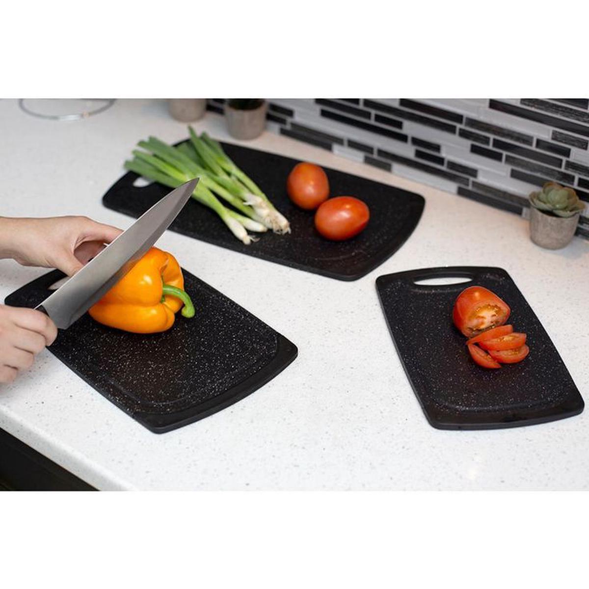3-Piece Black Plastic Double Sided Granite Look Non-Slip Cutting Board Set with Deep Juice Groove and Easy Grip Handle