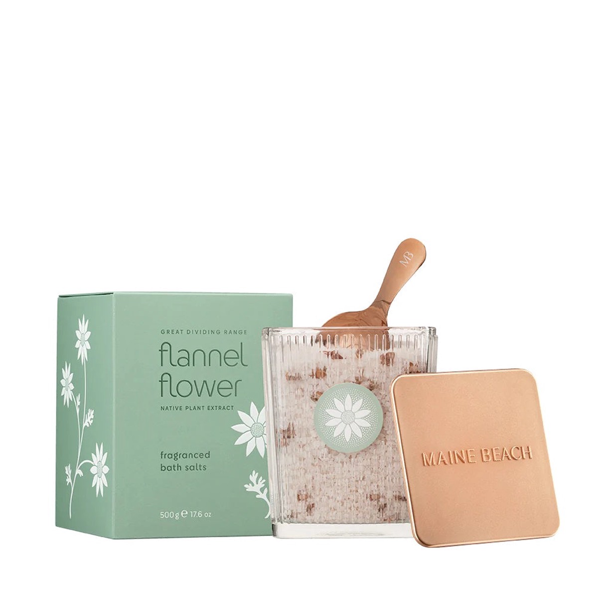 Maine Beach Flannel Flower – Bath Salts 500g – Jar & Metal Spoon