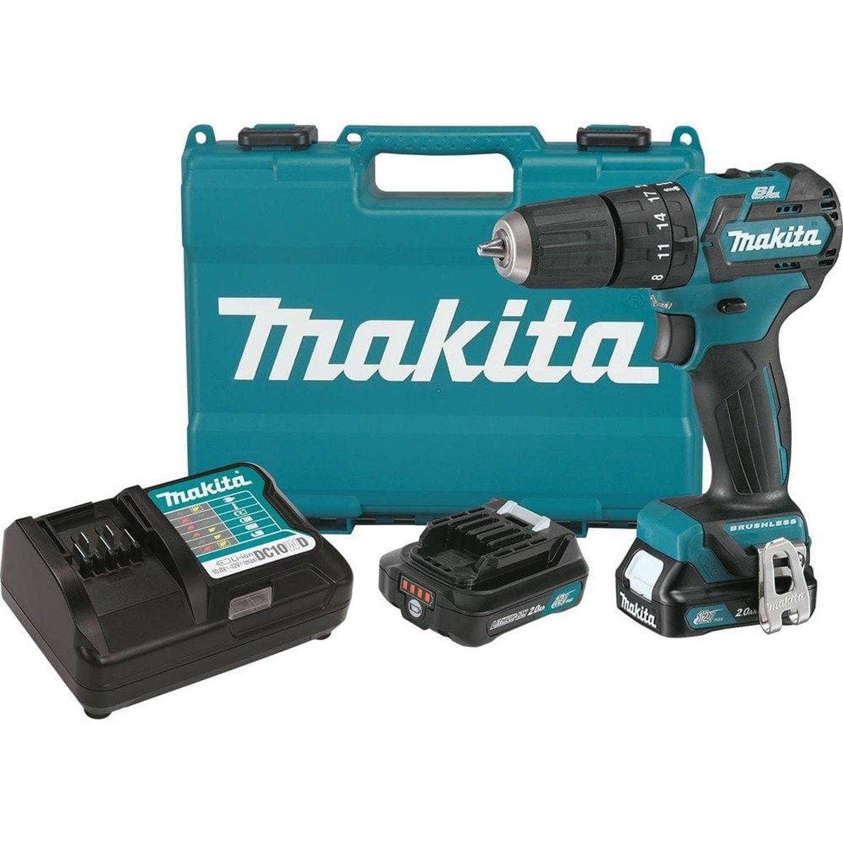 Makita 12V Max CXT LithiumIon 3/8 in. Brushless Cordless Hammer DriverDrill Kit with (2) 2.0Ah Batteries, Charger and Hard Case