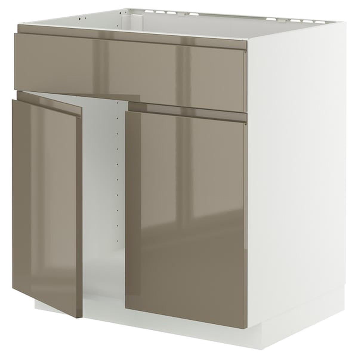 METOD base cabinet f sink w 2 doors/front, white/Voxtorp high-gloss dark grey-brown, 80×60 cm