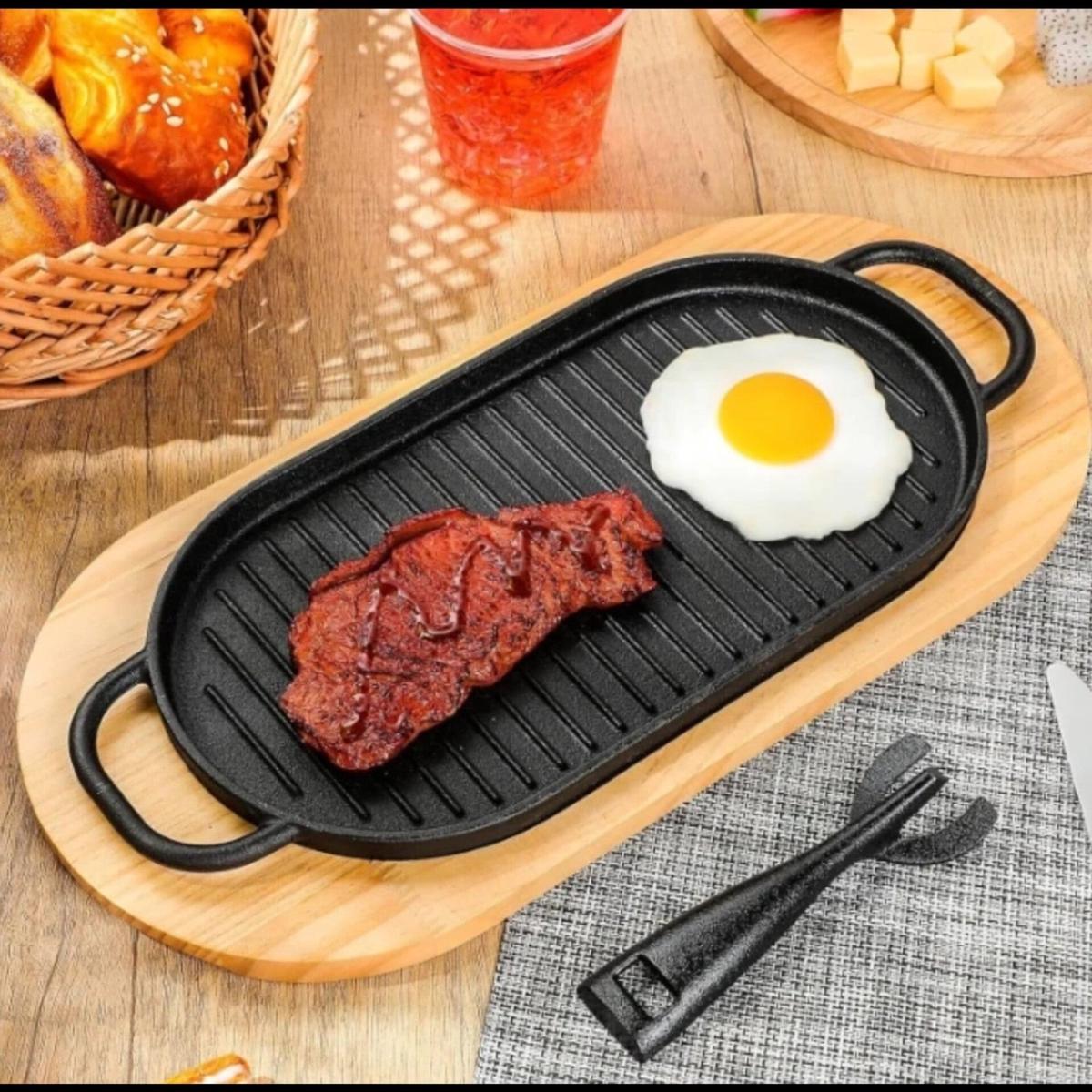 Rectangular Cast Iron Sizzling Grill Pan with Wooden Base