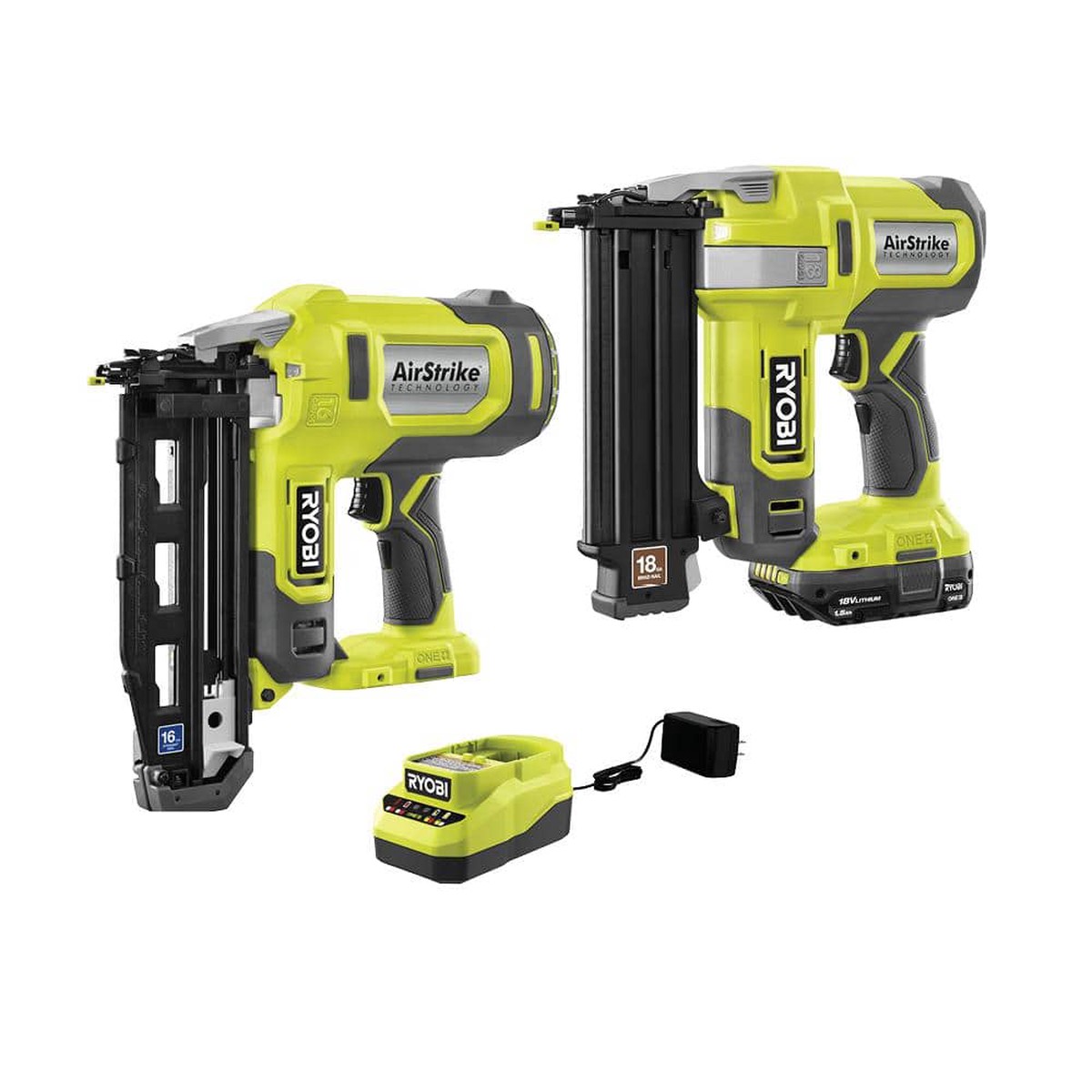 RYOBI ONE+ 18V AirStrike 18-Gauge Brad Nailer & 16-Gauge Straight Finish Nailer Kit with (1) 1.5Ah Battery and Charger