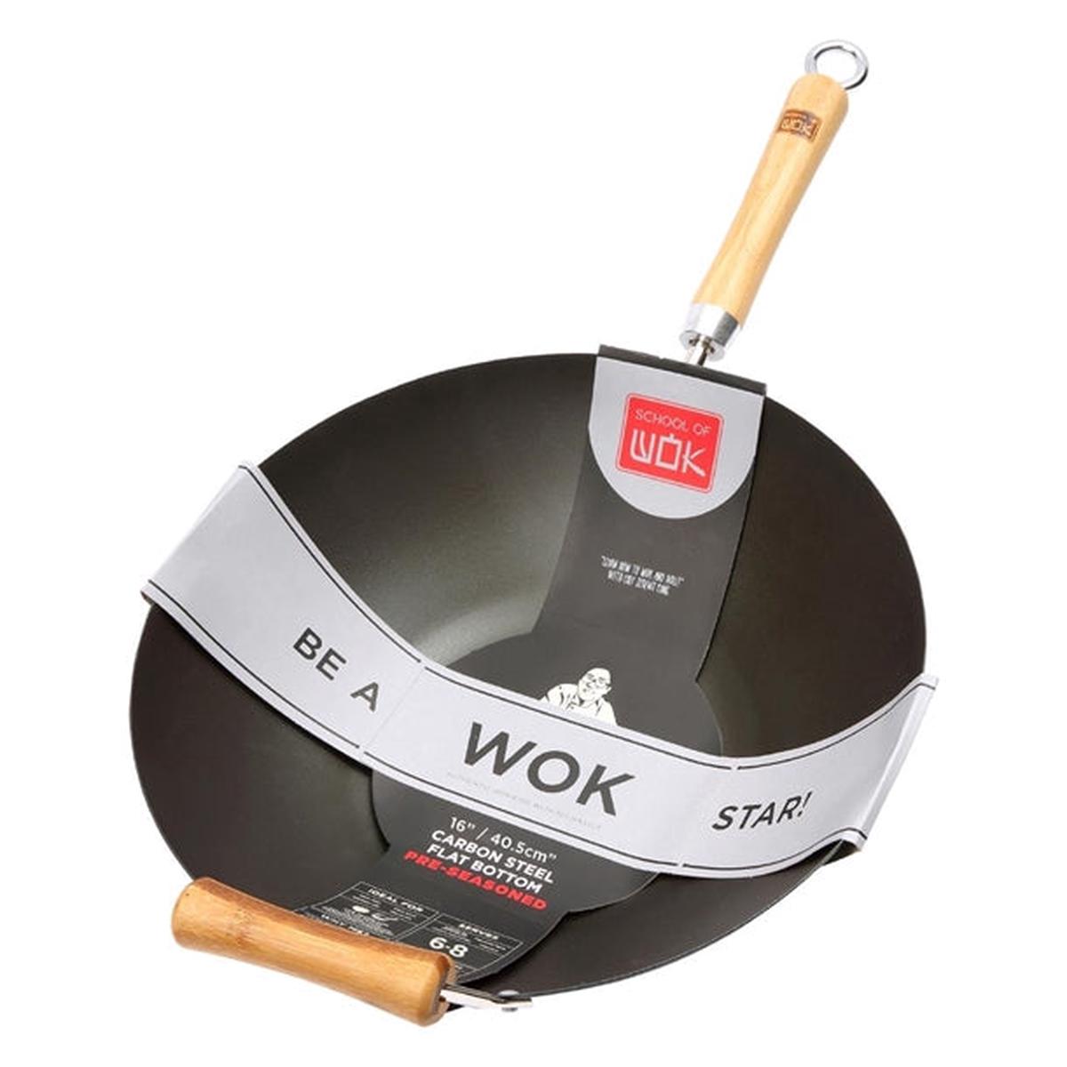 Dexam School of Wok Carbon Steel Flat Base Non-Stick Wok 405mm – HR298