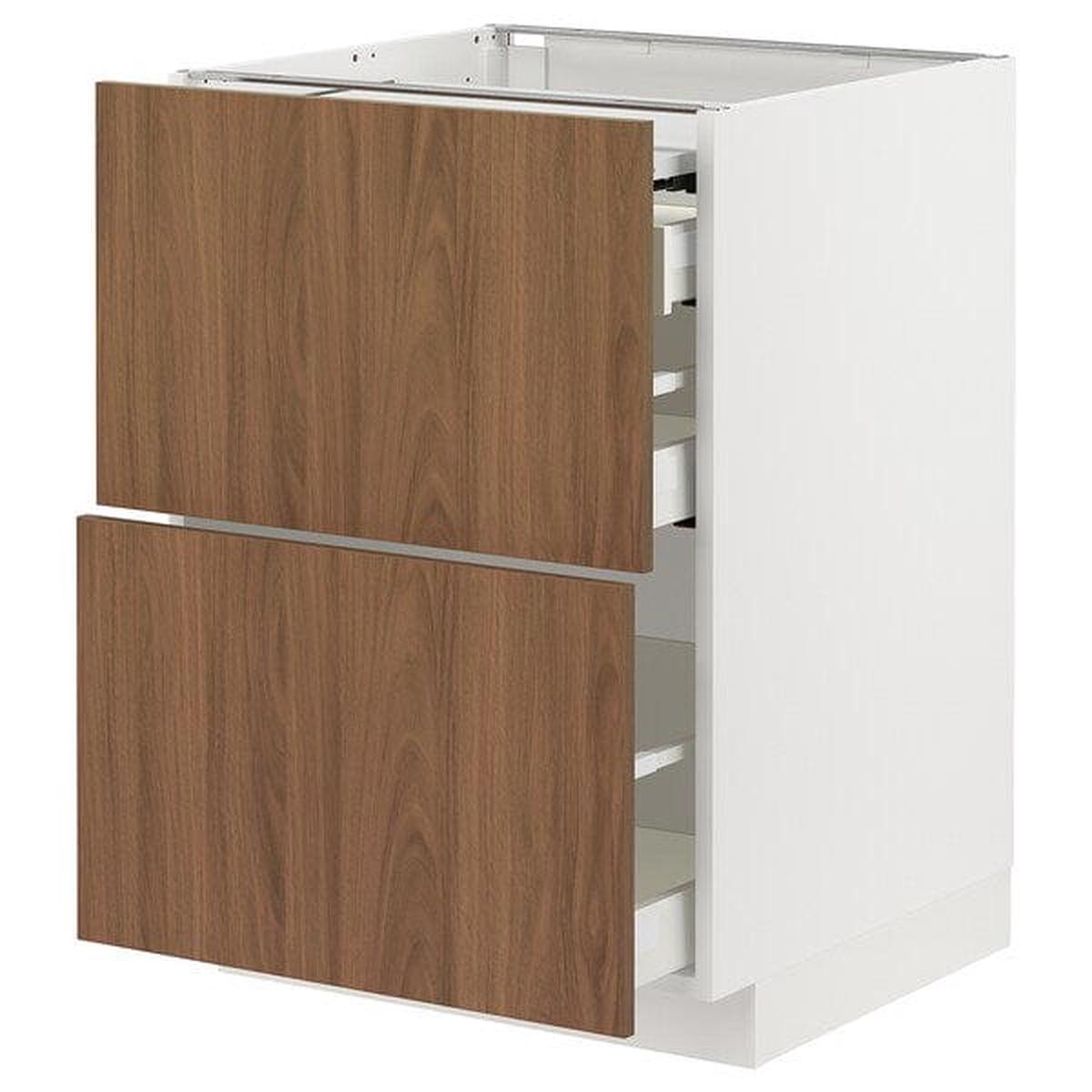 METOD / MAXIMERA bc w pull-out work surface/3drw, white/Tistorp brown walnut effect, 60×60 cm