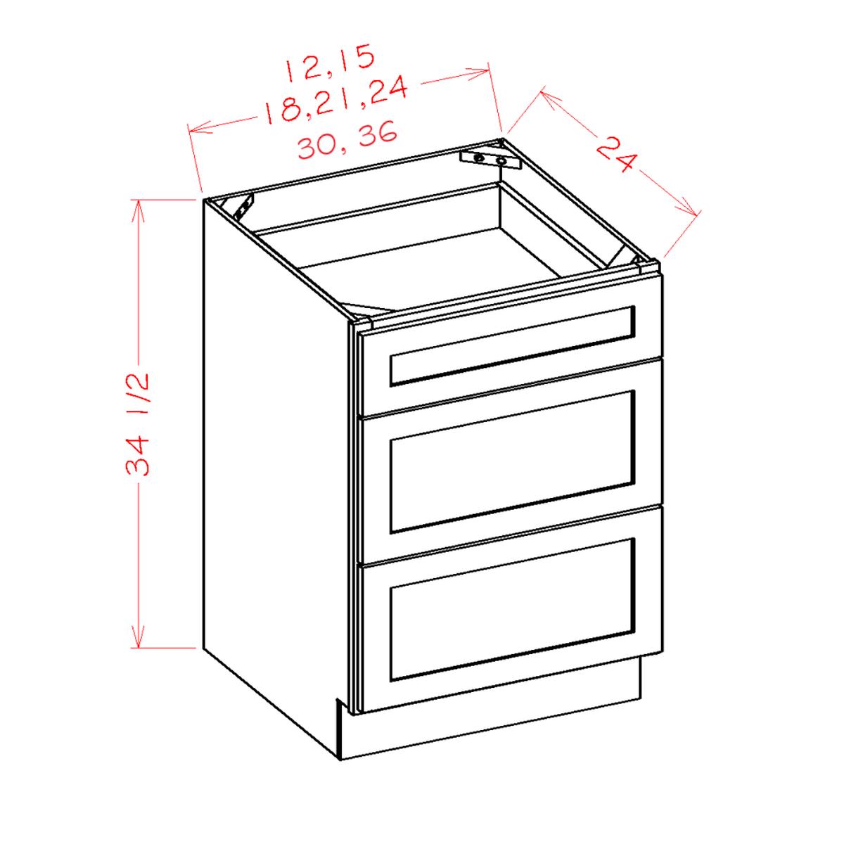 Rustic Shaker 18″ 3-Drawer Base Cabinet Pre-Assembled