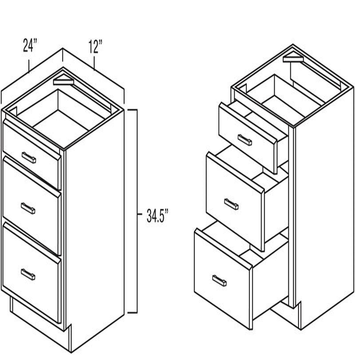 Knotty Hickory Shaker 12″ Three Drawer Base