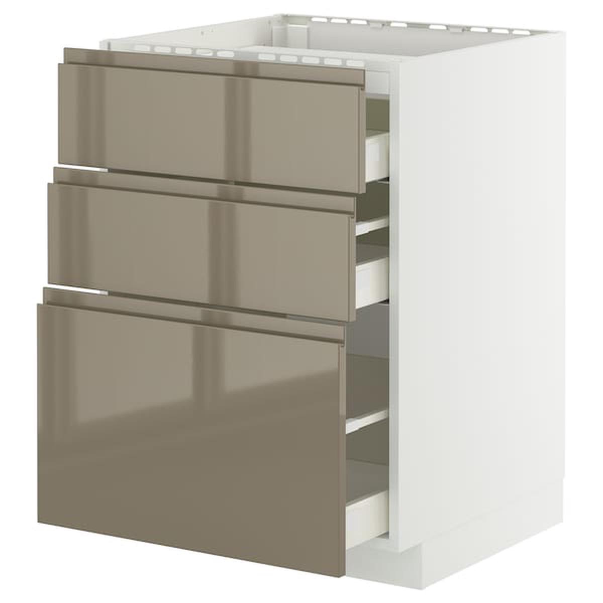 METOD / MAXIMERA base cab f hob/3 fronts/3 drawers, white/Voxtorp high-gloss dark grey-brown, 60×60 cm
