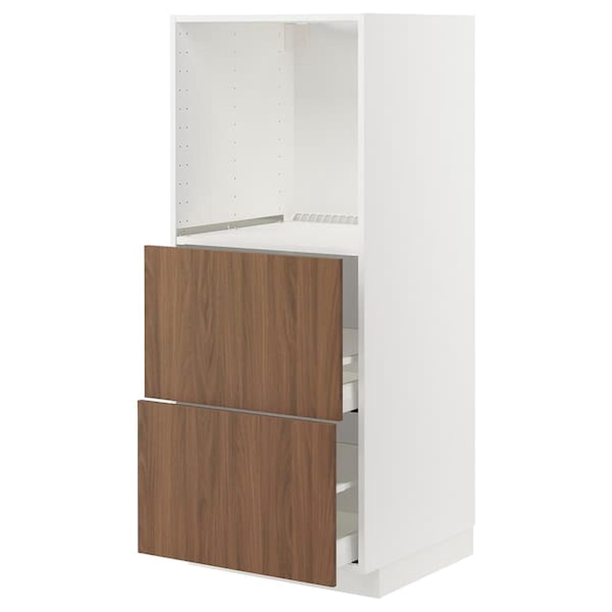 METOD / MAXIMERA high cabinet w 2 drawers for oven, white/Tistorp brown walnut effect, 60x60x140 cm