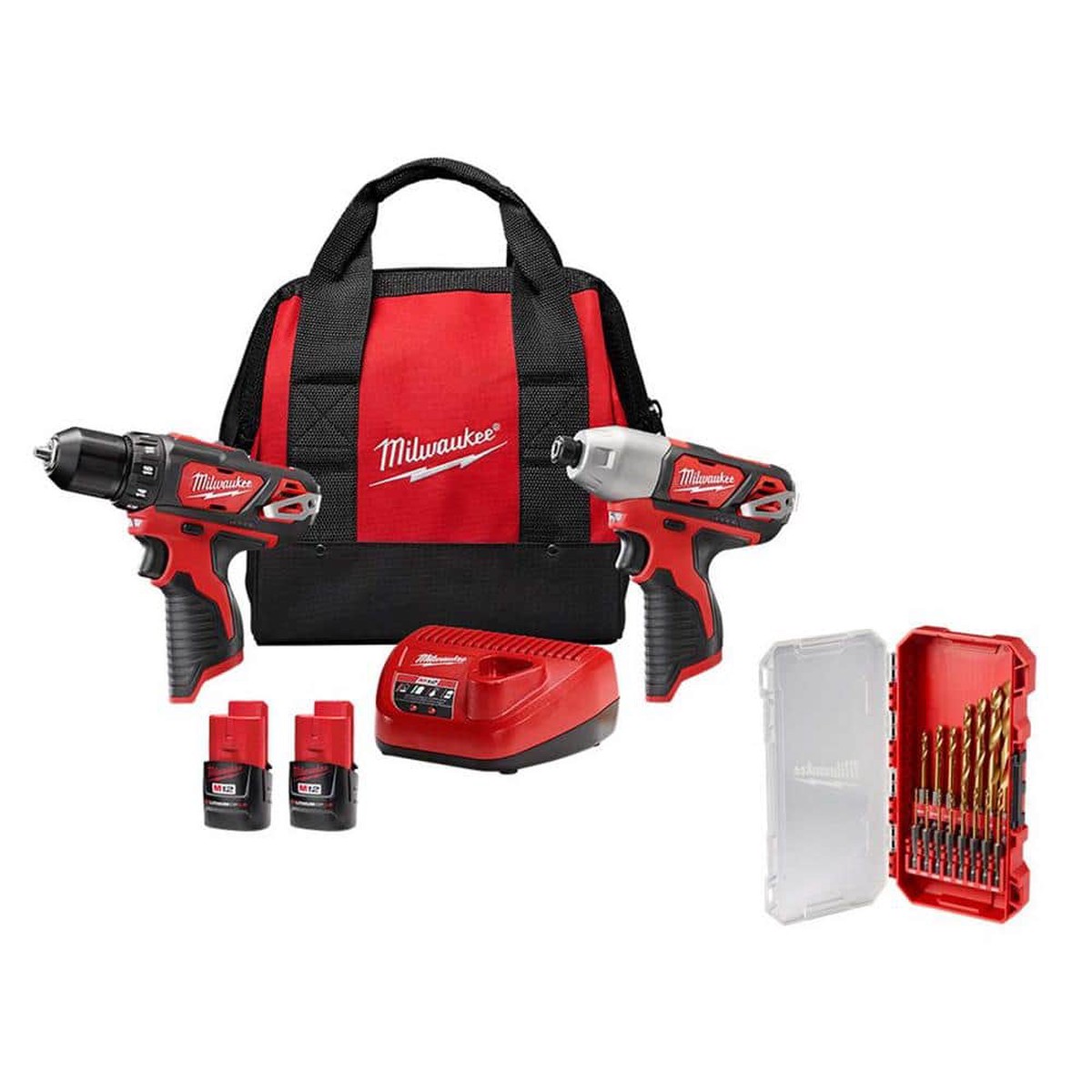 Milwaukee M12 12-Volt Lithium-Ion Cordless 2-Tool Combo Kit with SHOCKWAVE Impact Duty Alloy Steel Screw Driver Bit Set (25-Piece)