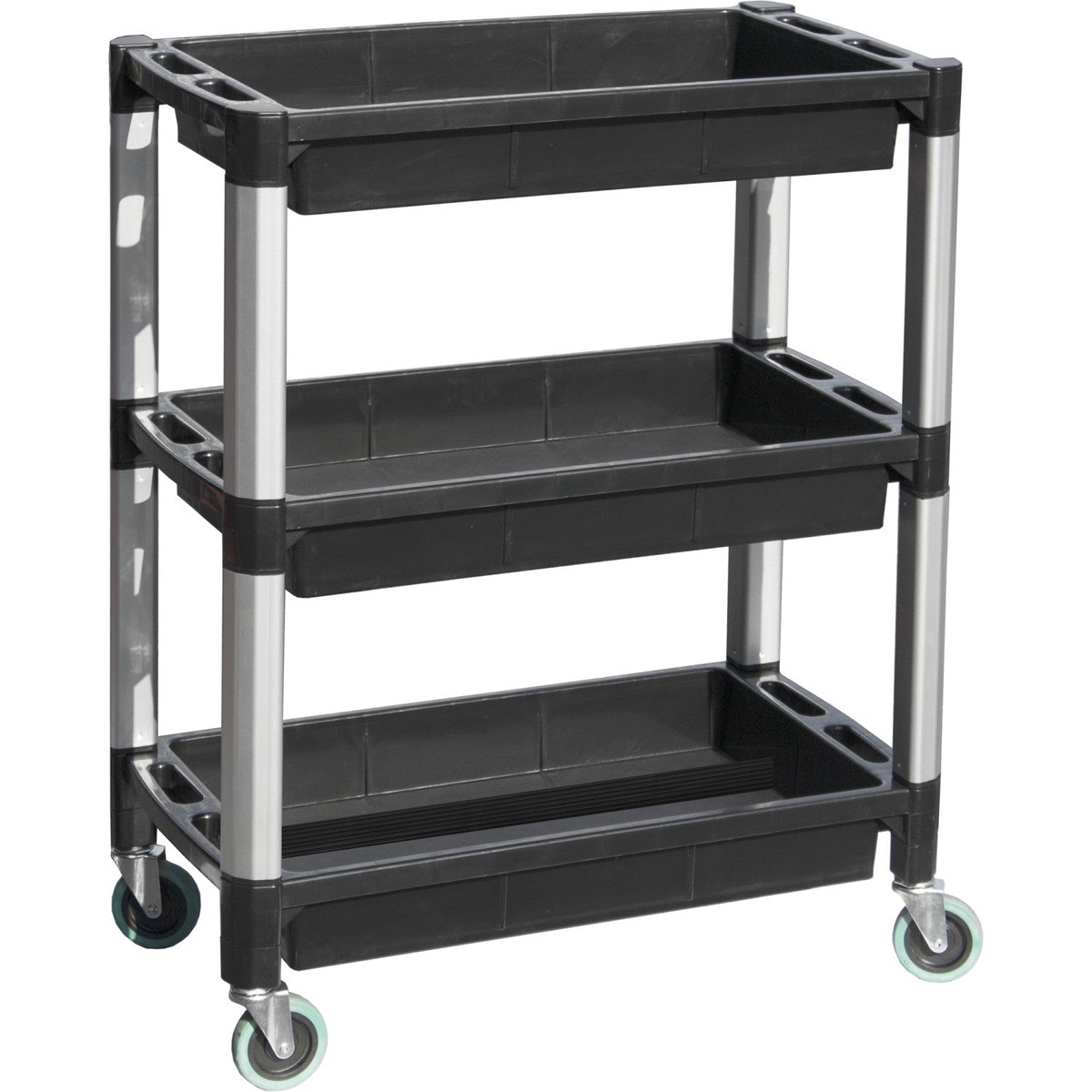 Professional Heavy Duty 3-Tier Plastic Utility Trolley with Raised Edge Trays & Steel Legs 136kg Capacity 760x410mm | PUC76413