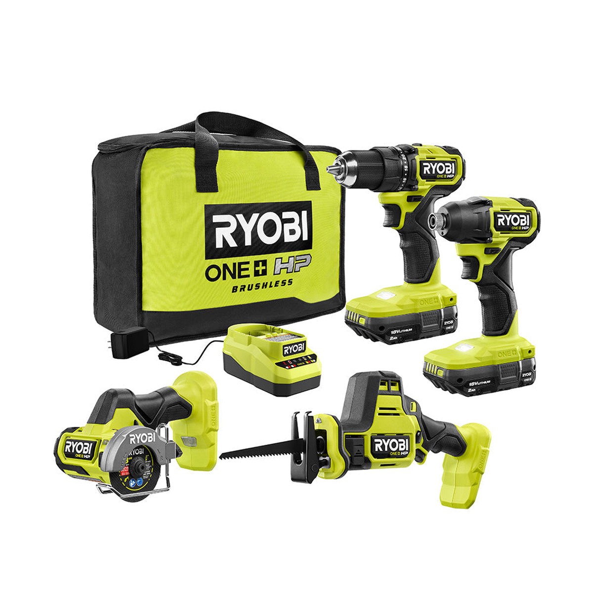 RYOBI ONE+ 18V HP Brushless Cordless 4Tool Combo Kit with (2) 2.0Ah Batteries, Charger, Bag + Free 3/8 in. Ratchet