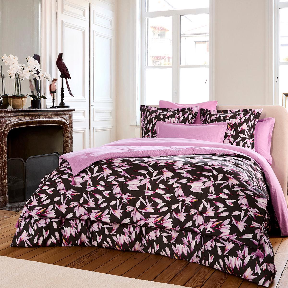 Quilt with tassels cotton satin – Nuit en fleurs Black – 140 x 200 cm