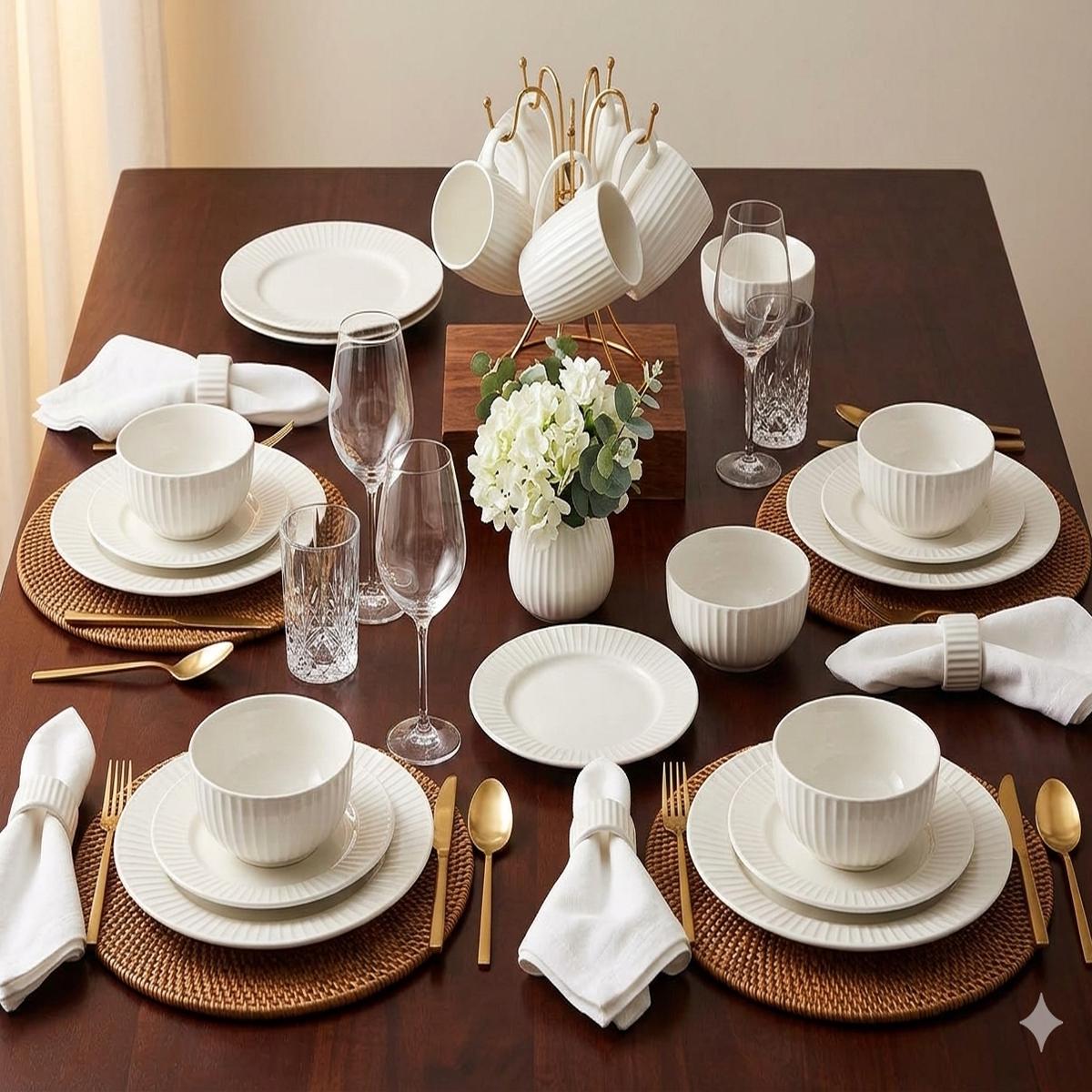 24 Piece Ribbed White Ceramic Dinner Set