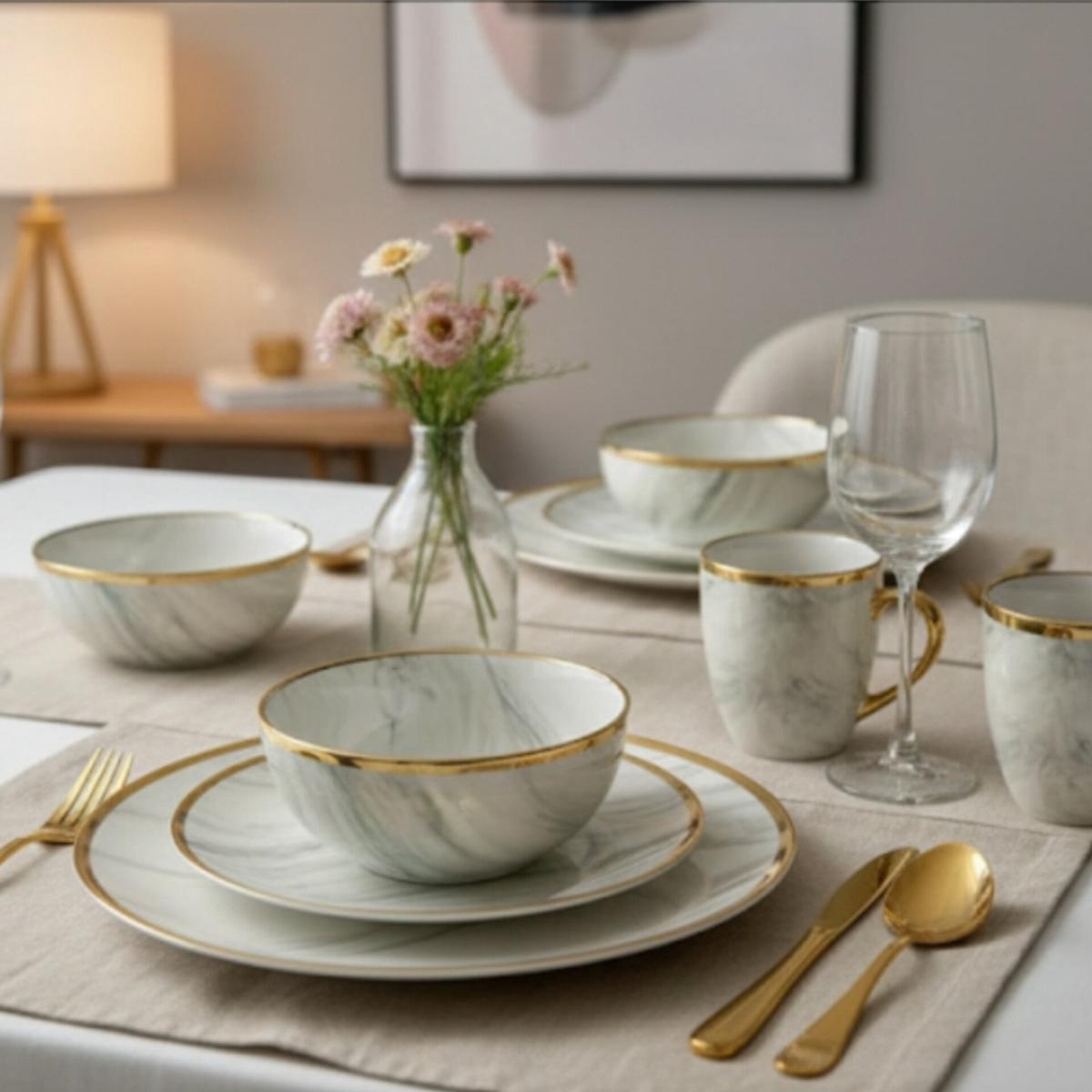 24 Pcs Marble Ceramic Dinnerware Set with Gold Trim