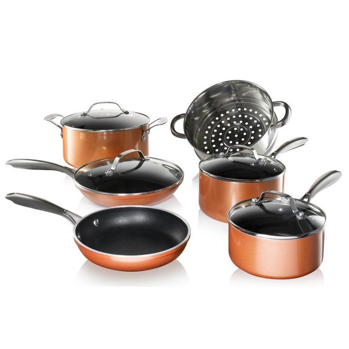 10-Piece Cast Textured Aluminum Ceramic Nonstick Cookware Set in Copper