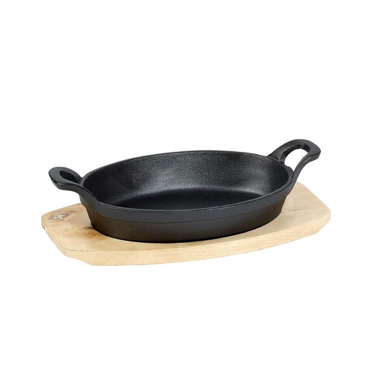 2-Piece Oval Sizzler Set 9 in Pre-Seasoned Cast Iron w Wood Trivet