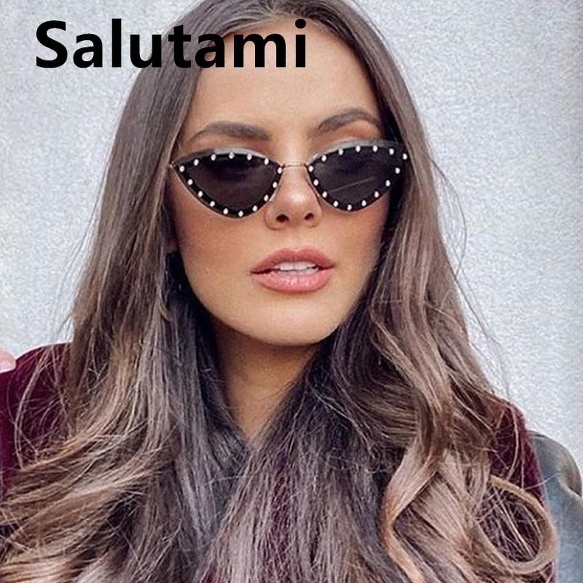 2023 Brand Triangle Cat Eye Sunglasses Alloy Rimless Crystal Shiny Sun Glasses Female Unique Elegant Green Rhinestone Shades
